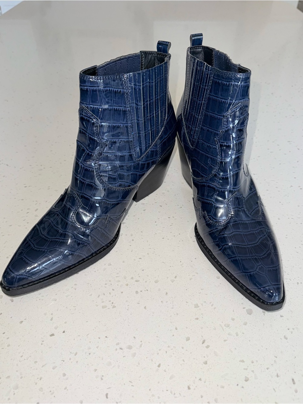 Sam Edelman Navy Croc-Embossed Patent Ankle Booties - Picture 2 of 14